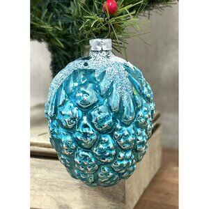 West Germany Teal Blue Bumpy Berry Mica Feather Tree Glass Christmas Ornament